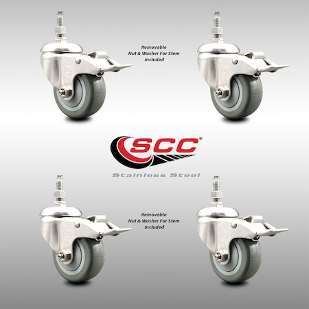 Service Caster 3.5 Inch 316SS Gray Polyurethane Swivel 3/8 Inch Stem Caster Set Lock Brake SCC SCC-SS316TSTTL20S3514-PPUB-381615-4